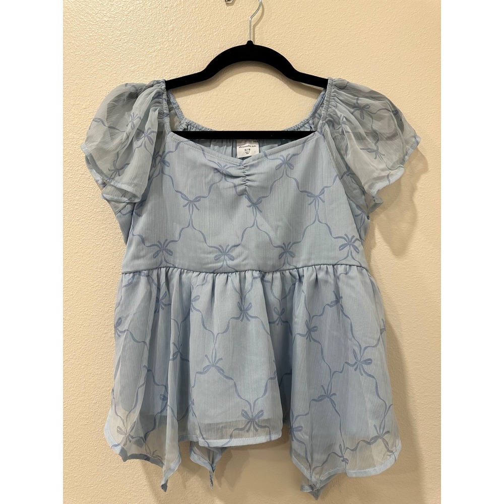 Abercrombie Kids Girls Blue Bow Print Flutter Sleeve Peplum Babydoll Top 15/16